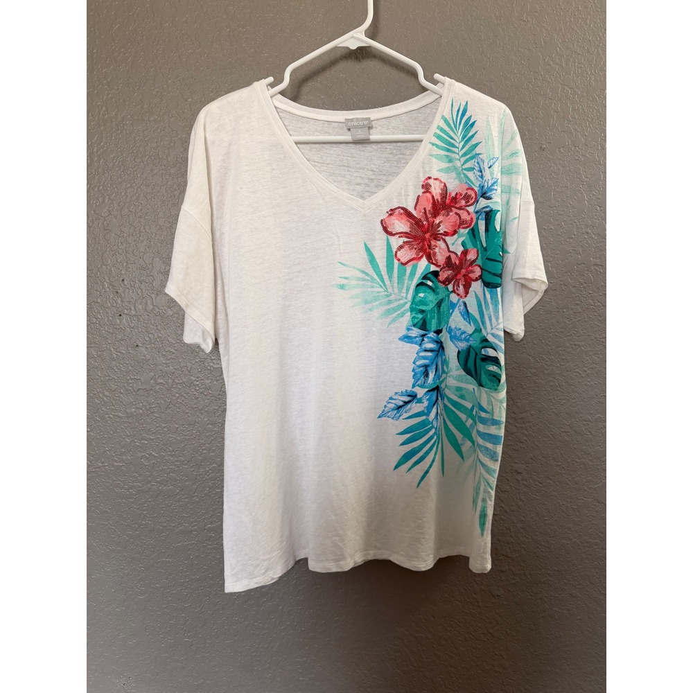 Chicos Tropical Floral Sequin Linen Shirt Sz 2 L Cool Vacation Embellished